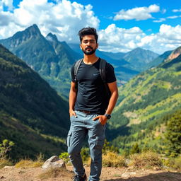 An Indian male model and actor traveling through a picturesque mountainous valley, dressed in a dark stylish t-shirt and gray cargo pants