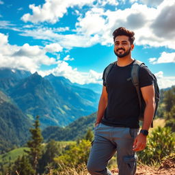 An Indian male model and actor traveling through a picturesque mountainous valley, dressed in a dark stylish t-shirt and gray cargo pants