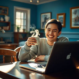 A cozy scene of a person sipping a cup of steaming coffee while sitting at a table, smiling joyfully at a laptop open in front of them