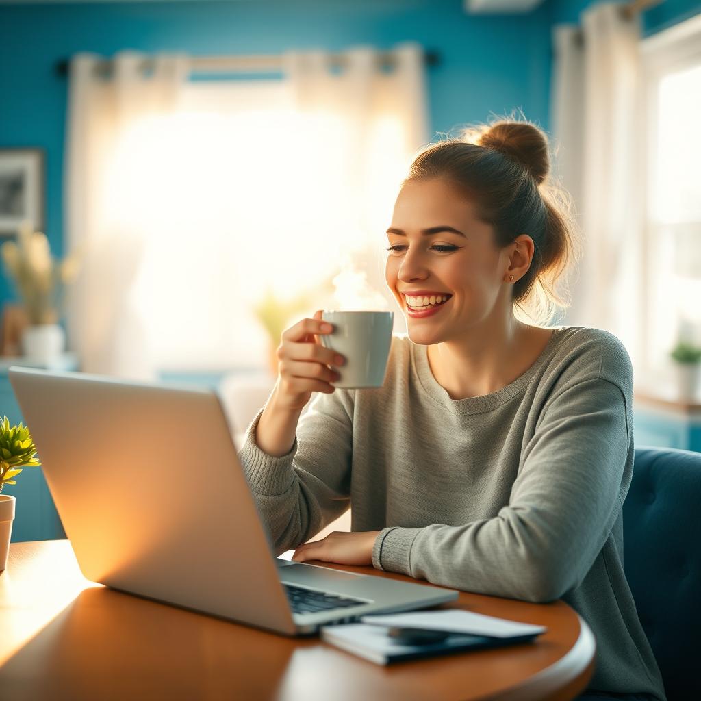 A cozy scene of a person sipping a cup of steaming coffee while sitting at a table, smiling joyfully at a laptop open in front of them