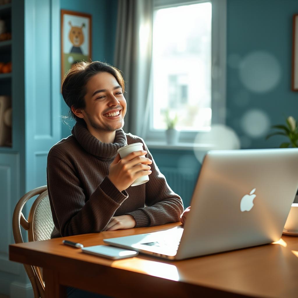 A cozy scene of a person sipping a cup of steaming coffee while sitting at a table, smiling joyfully at a laptop open in front of them