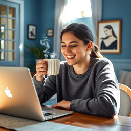 A cozy scene of a person sipping a cup of steaming coffee while sitting at a table, smiling joyfully at a laptop open in front of them