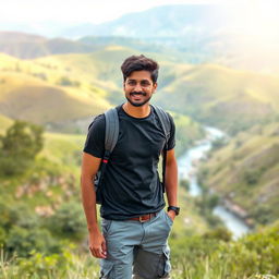 An Indian male model and actor traveling in a stunning natural landscape, adorned in a dark stylish t-shirt and gray cargo pants