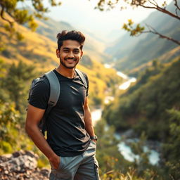 An Indian male model and actor traveling in a stunning natural landscape, adorned in a dark stylish t-shirt and gray cargo pants