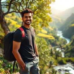 An Indian male model and actor traveling in a stunning natural landscape, adorned in a dark stylish t-shirt and gray cargo pants