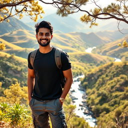 An Indian male model and actor traveling in a stunning natural landscape, adorned in a dark stylish t-shirt and gray cargo pants