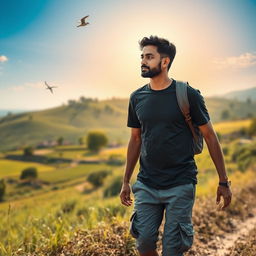 An Indian village man traveling through a beautiful natural landscape, dressed in a dark stylish t-shirt and gray cargo pants