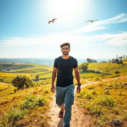 An Indian village man traveling through a beautiful natural landscape, dressed in a dark stylish t-shirt and gray cargo pants