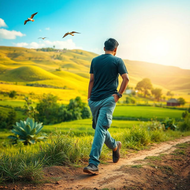 An Indian village man traveling through a beautiful natural landscape, dressed in a dark stylish t-shirt and gray cargo pants