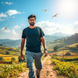 An Indian village man traveling through a beautiful natural landscape, dressed in a dark stylish t-shirt and gray cargo pants