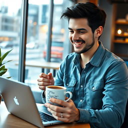 A young man with dark hair, casually dressed, sitting at a cozy table in a modern cafe, holding a cup of coffee with lines of code artistically printed on it