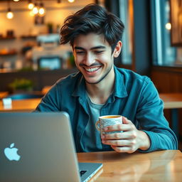 A young man with dark hair, casually dressed, sitting at a cozy table in a modern cafe, holding a cup of coffee with lines of code artistically printed on it