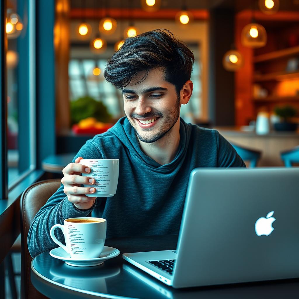 A young man with dark hair, casually dressed, sitting at a cozy table in a modern cafe, holding a cup of coffee with lines of code artistically printed on it