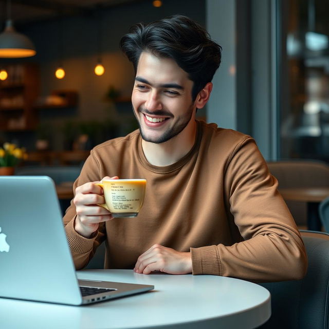 A young man with dark hair, casually dressed, sitting at a cozy table in a modern cafe, holding a cup of coffee with lines of code artistically printed on it