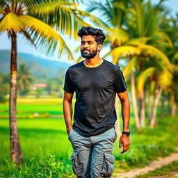 An Indian village man traveling through the beautiful natural landscapes of Tamil Nadu, dressed in a dark stylish t-shirt and gray cargo pants