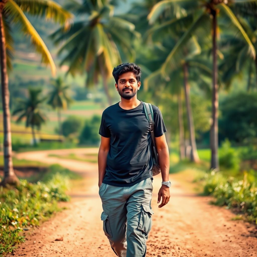 An Indian village man traveling through the beautiful natural landscapes of Tamil Nadu, dressed in a dark stylish t-shirt and gray cargo pants