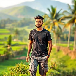 An Indian village man traveling through the beautiful natural landscapes of Tamil Nadu, dressed in a dark stylish t-shirt and gray cargo pants