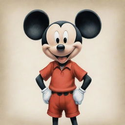 A drawing of 'Mickey Mouse', Disney's popular animated character, with his recognizable round ears, red shorts, and cheerful expression.