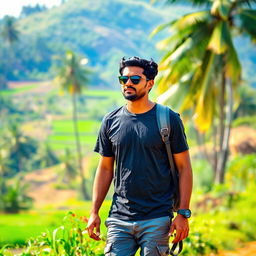 An Indian village man traveling through the beautiful natural landscapes of Tamil Nadu, dressed in a dark stylish t-shirt and gray cargo pants