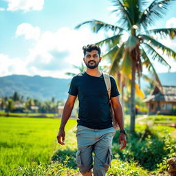 An Indian village man traveling in Tamil Nadu, surrounded by stunning natural scenery