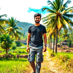 An Indian village man traveling in Tamil Nadu, surrounded by stunning natural scenery