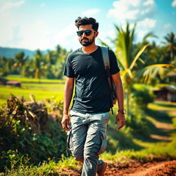 An Indian village man traveling in Tamil Nadu, surrounded by stunning natural scenery