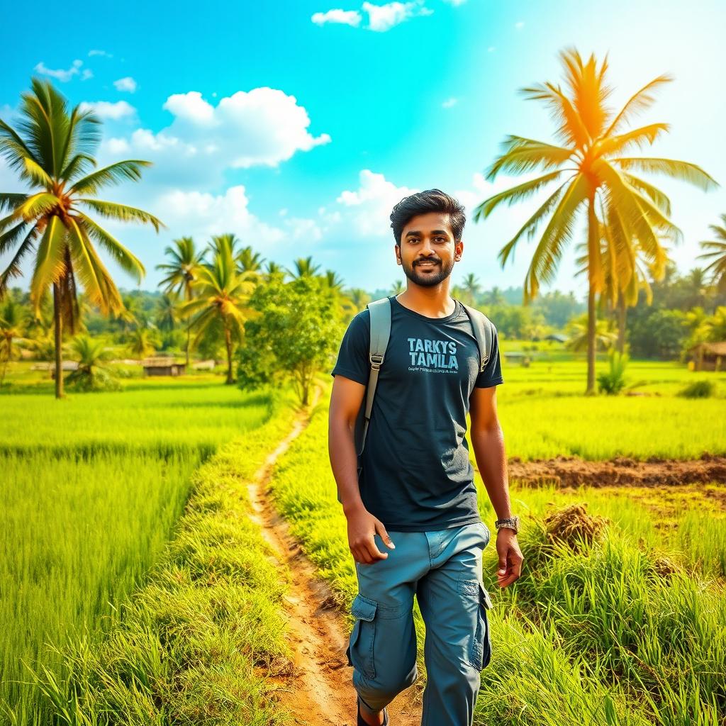 An Indian village man traveling in Tamil Nadu, surrounded by stunning natural scenery