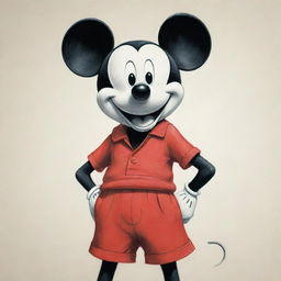 A drawing of 'Mickey Mouse', Disney's popular animated character, with his recognizable round ears, red shorts, and cheerful expression.