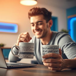 A young man sitting at a desk, smiling while drinking a cup of coffee