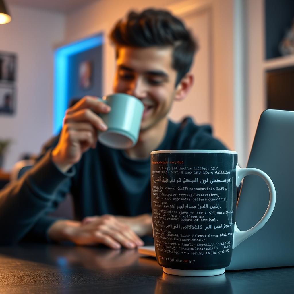 A young man sitting at a desk, smiling while drinking a cup of coffee