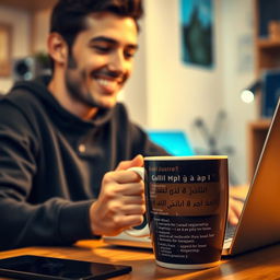 A young man sitting at a desk, smiling while drinking a cup of coffee