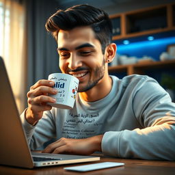 A young man sitting at a desk, smiling while drinking a cup of coffee