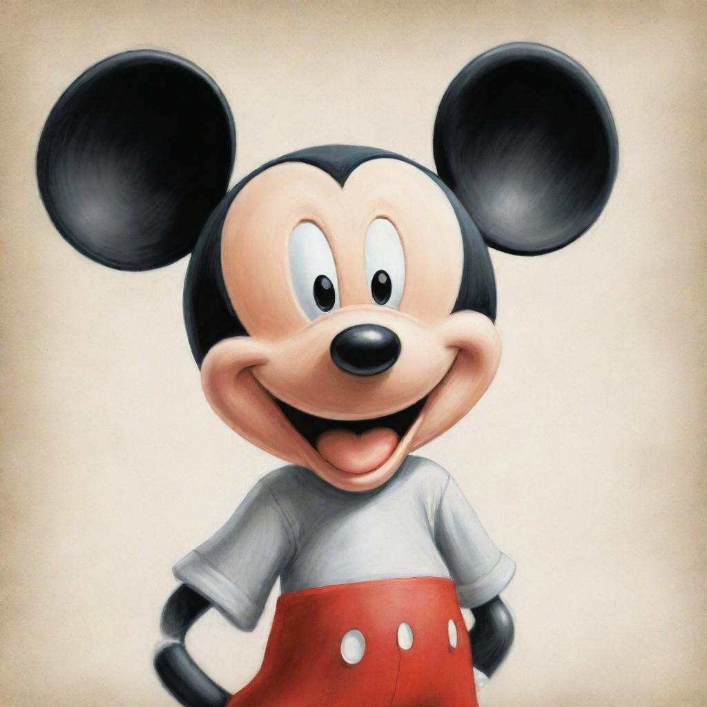 A drawing of 'Mickey Mouse', Disney's popular animated character, with his recognizable round ears, red shorts, and cheerful expression.