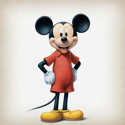 A drawing of 'Mickey Mouse', Disney's popular animated character, with his recognizable round ears, red shorts, and cheerful expression.