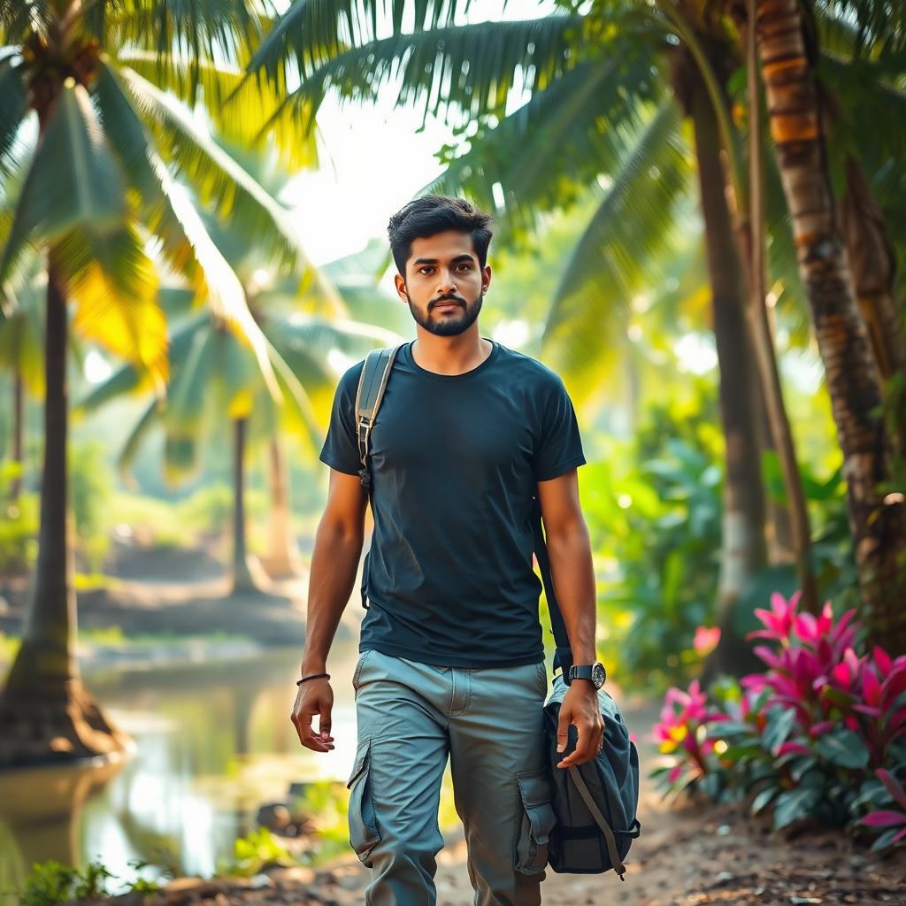 An Indian village man traveling in Chennai, surrounded by beautiful natural scenery