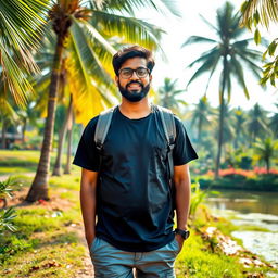 An Indian village man traveling in Chennai, surrounded by beautiful natural scenery