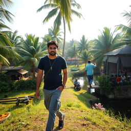 An Indian village man traveling in Chennai, surrounded by beautiful natural scenery