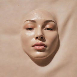 A single, rejuvenating sheet mask unfolded and depicted up close, showcasing its liquid-soaked texture and contours designed to fit perfectly on a human face.