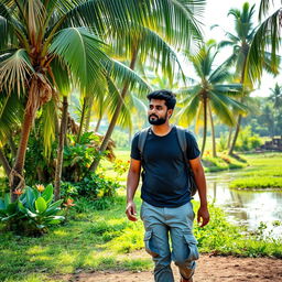 An Indian village man traveling in Chennai, surrounded by beautiful natural scenery