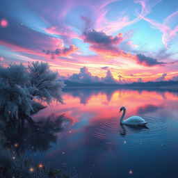 A surreal, dreamlike landscape featuring an iridescent sky at sunset with swirling clouds in shades of purple, pink, and blue