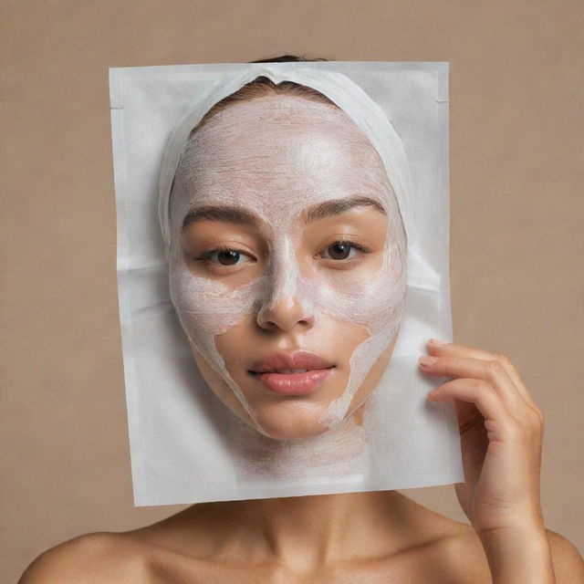 A single, rejuvenating sheet mask unfolded and depicted up close, showcasing its liquid-soaked texture and contours designed to fit perfectly on a human face.