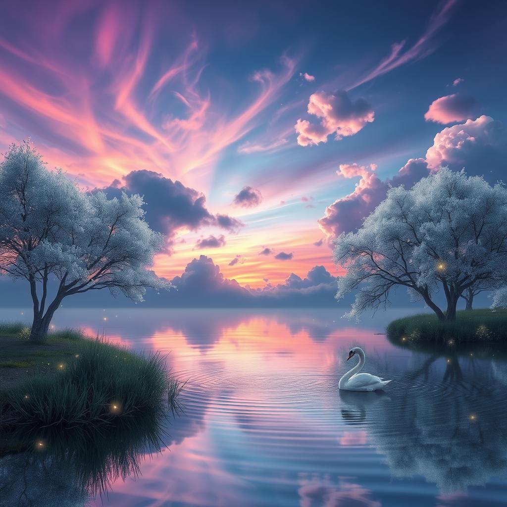 A surreal, dreamlike landscape featuring an iridescent sky at sunset with swirling clouds in shades of purple, pink, and blue