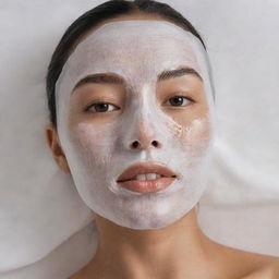 A single, rejuvenating sheet mask unfolded and depicted up close, showcasing its liquid-soaked texture and contours designed to fit perfectly on a human face.