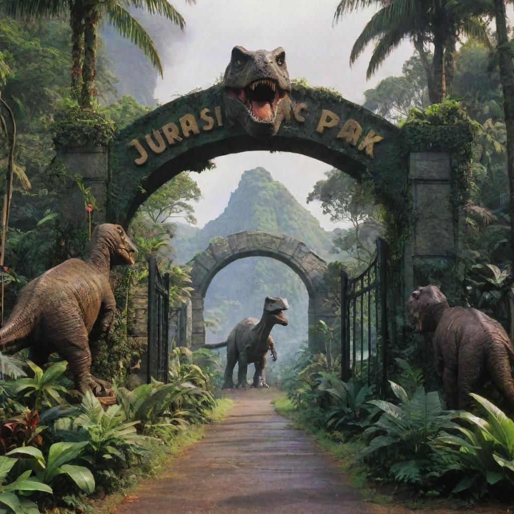 A detailed and vibrant scene from Jurassic Park, featuring lush greenery, towering dinosaurs, and an iconic towering gate with the text 'Jurassic Park'.