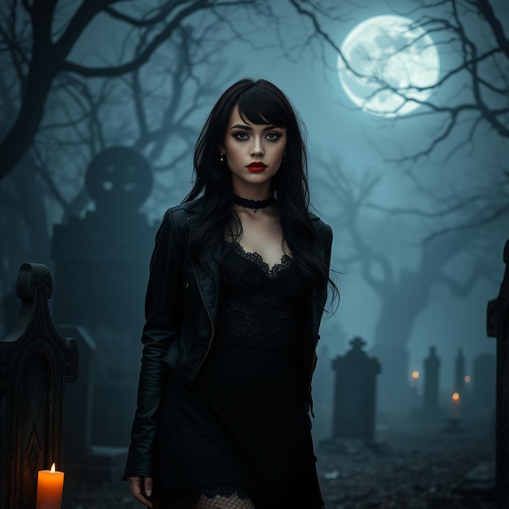 A goth girl standing in a dark, atmospheric setting, with long black hair styled in loose waves, wearing a black lace dress layered with a leather jacket