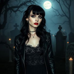 A goth girl standing in a dark, atmospheric setting, with long black hair styled in loose waves, wearing a black lace dress layered with a leather jacket