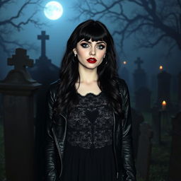 A goth girl standing in a dark, atmospheric setting, with long black hair styled in loose waves, wearing a black lace dress layered with a leather jacket