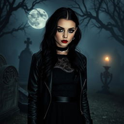 A goth girl standing in a dark, atmospheric setting, with long black hair styled in loose waves, wearing a black lace dress layered with a leather jacket