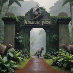 A detailed and vibrant scene from Jurassic Park, featuring lush greenery, towering dinosaurs, and an iconic towering gate with the text 'Jurassic Park'.