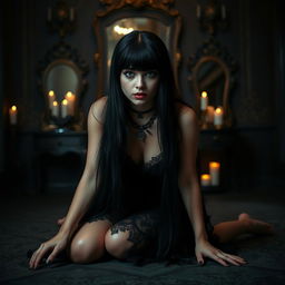 A goth girl on her knees with long black hair, wearing a black lace dress and a leather choker, set in a moody, dimly lit environment